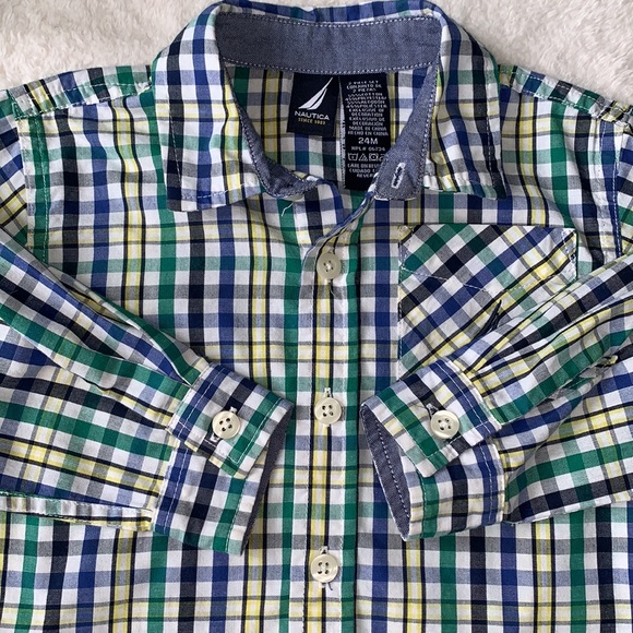 Nautica 24M Button Down Shirt EUC Blue Green Yellow - Picture 7 of 10